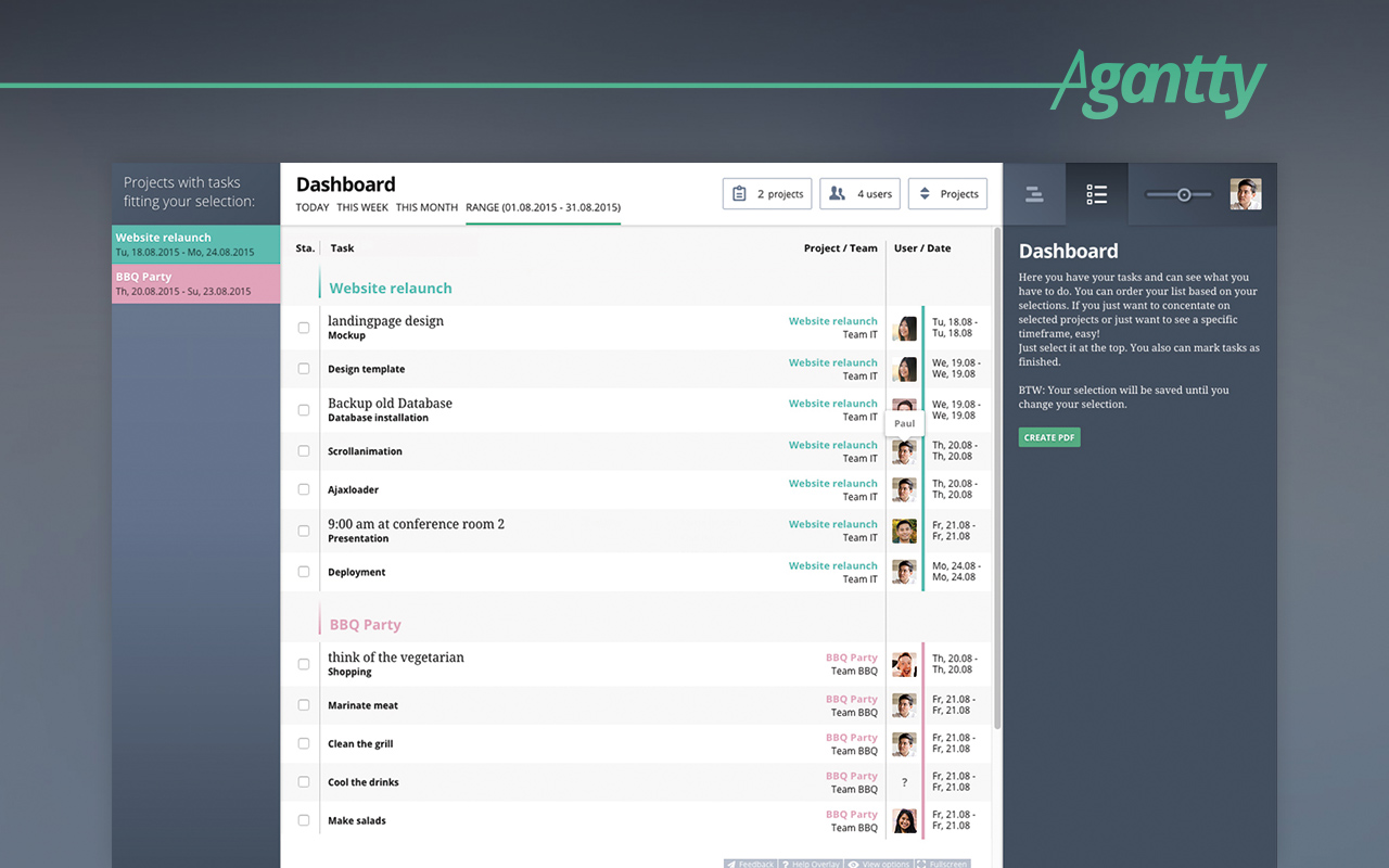 see all relevant tasks for your and your team members in the agantty dashboard
